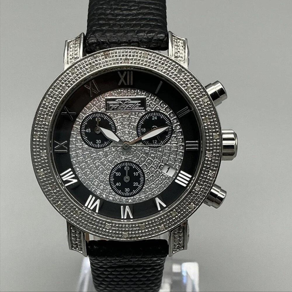 Freeze Mens Watch 36mm Silver Tone Black Diamond Leather Chronograph FZ07161627